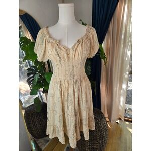 S/M Boho Mini Dress Cream Paisley Print Smocked Short‎ Sleeve Cottagecore Dress